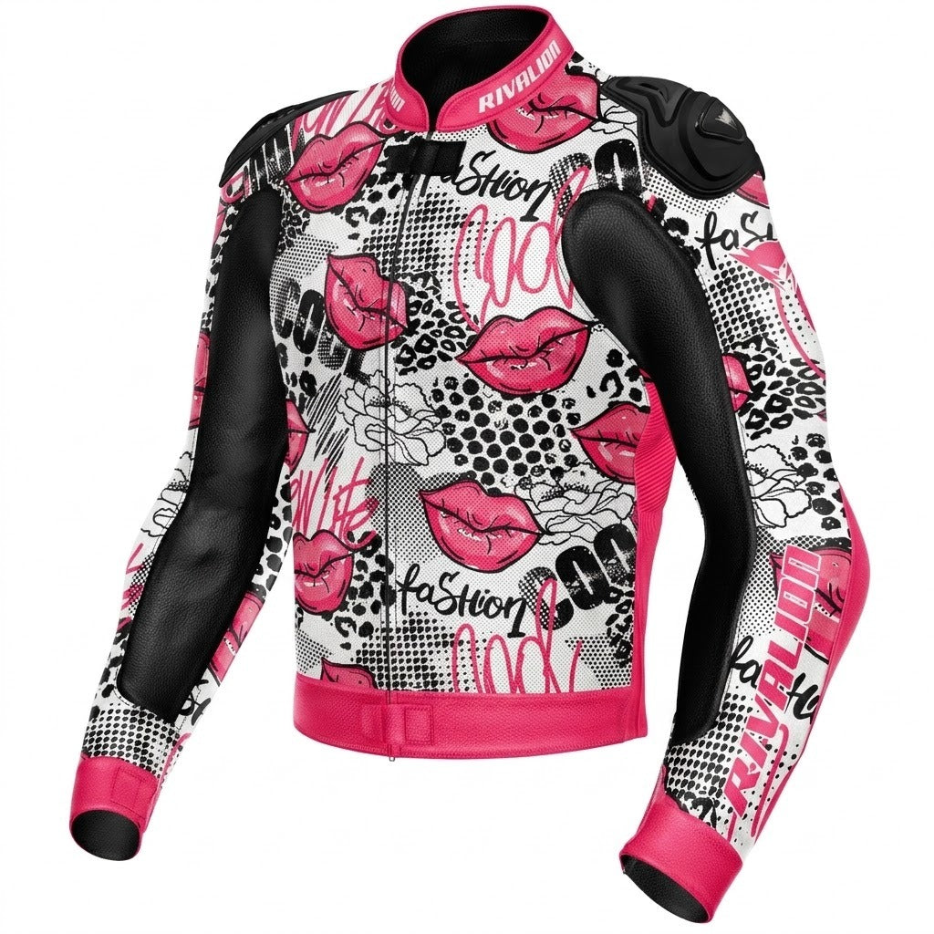 Pink Lips Women Leather Motorcycle Racing Jacket Removable Protection