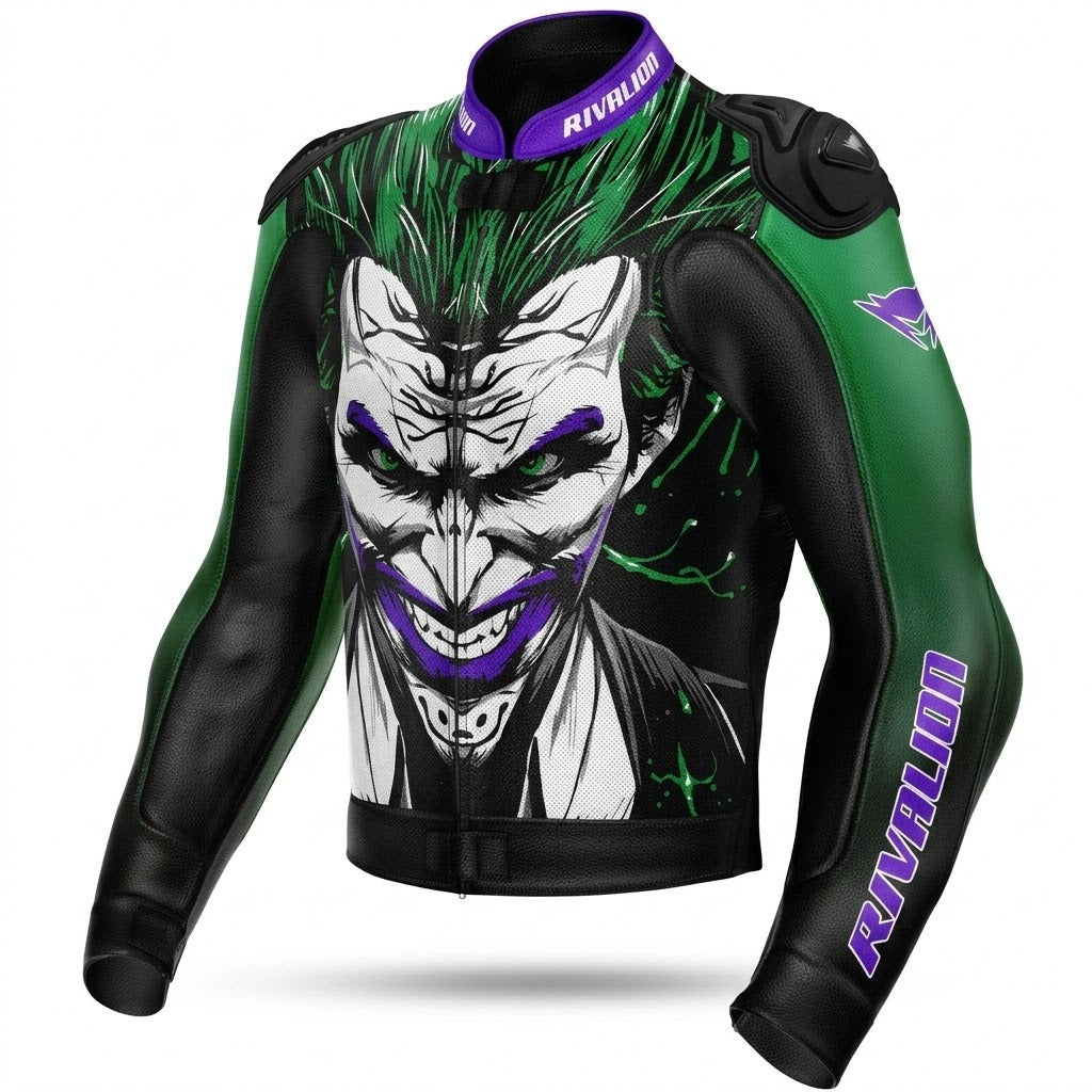 Joker Green and Purple Motorcycle Racing Leather Jacket Custom Design, Removable Protection