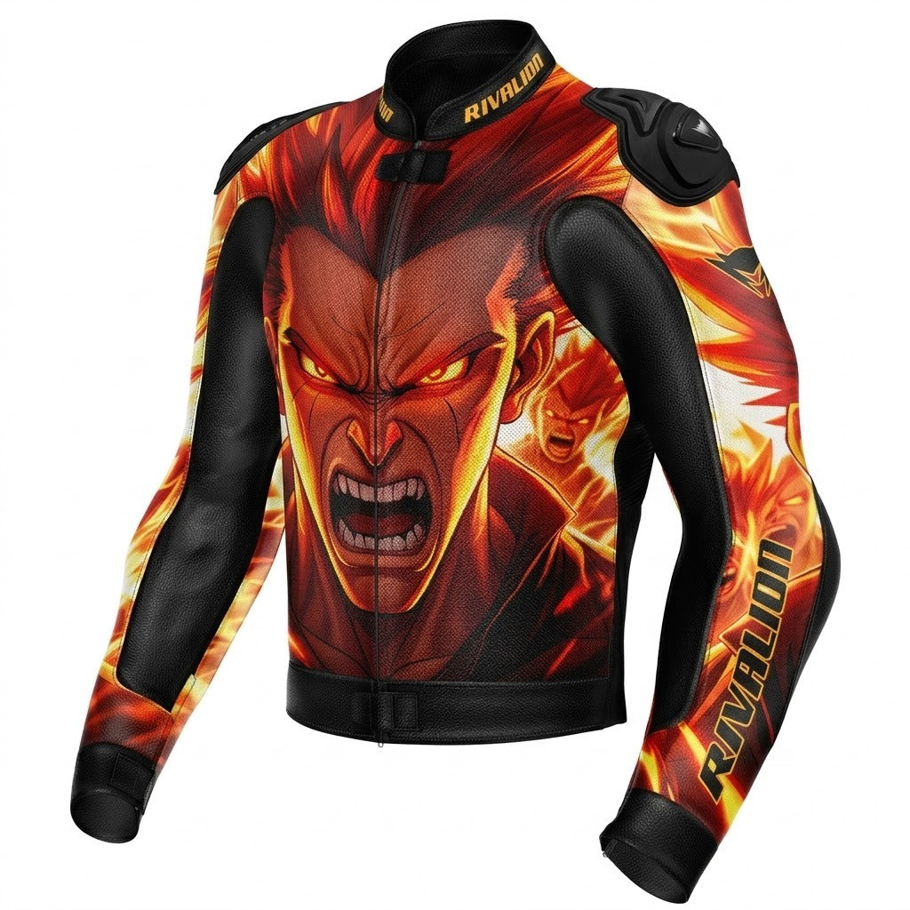 The Warrior Fire Burning Motorcycle Racing Jacket Cowhide and Kangaroo Leather with Removable Protection