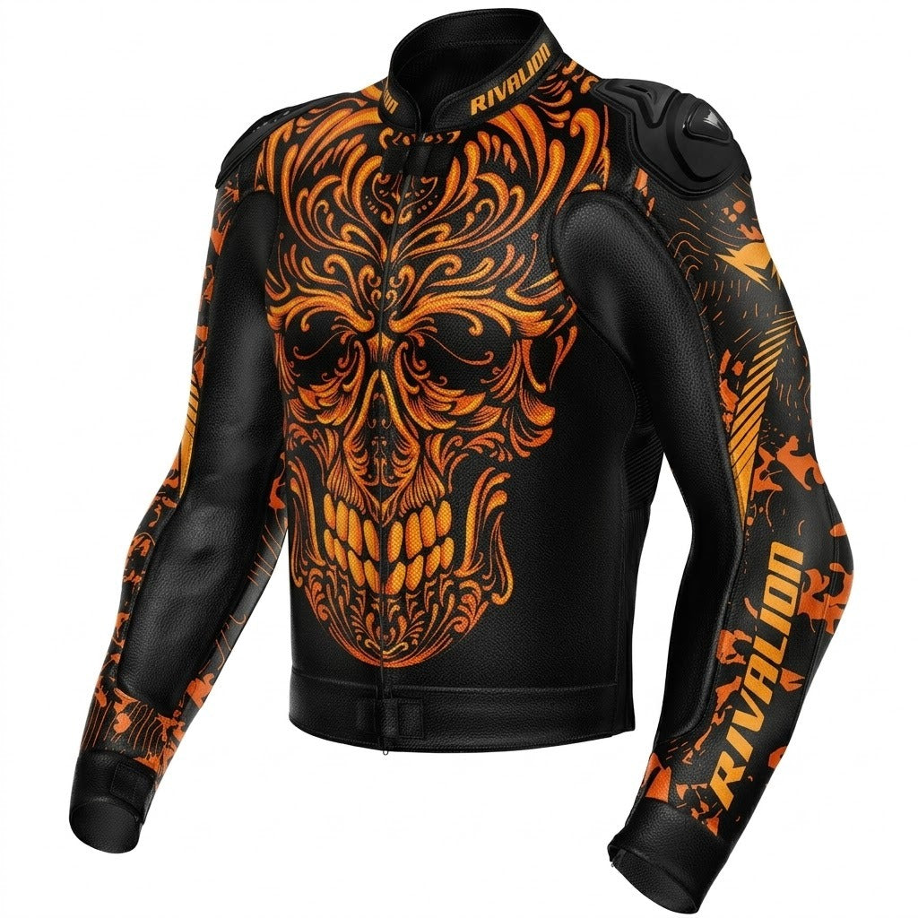 Skull Golden Motorcycle Racing Leather Jacket Custom Design Removable Protection