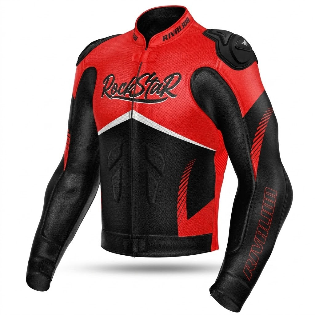 Honda Red Rockstar Leather Motorcycle Racing Jacket Removable Protection
