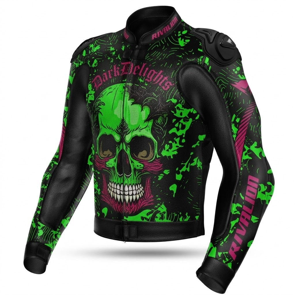 Dark Delights Skull Green Motorcycle Racing Leather Jacket Removable Protection