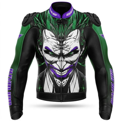 Joker Green and Purple Motorcycle Racing Leather Jacket Custom Design, Removable Protection