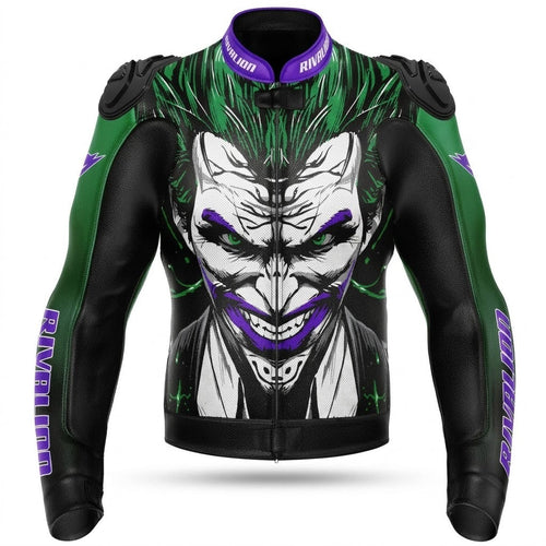 Joker Green and Purple Motorcycle Racing Leather Jacket Custom Design, Removable Protection