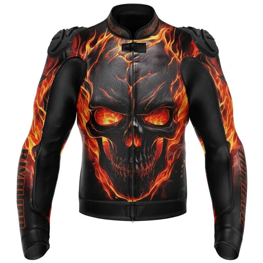 Fire Skull Burning Motorcycle Racing Leather Jacket Custom Design Removable Protection