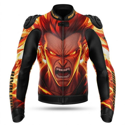 The Warrior Fire Burning Motorcycle Racing Jacket Cowhide and Kangaroo Leather with Removable Protection