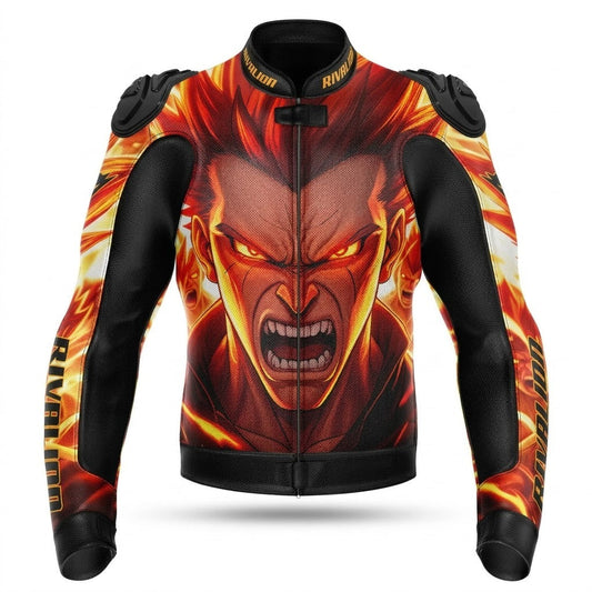 The Warrior Fire Burning Motorcycle Racing Jacket Cowhide and Kangaroo Leather with Removable Protection