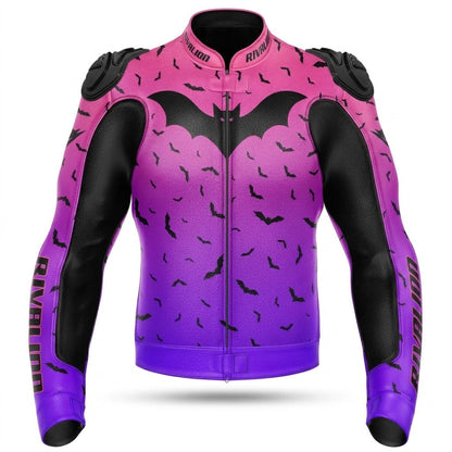 Flying BAT Motorcycle Pink and Purple Leather Racing Jacket Custom DesignRemovable Protection