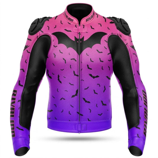 Flying BAT Motorcycle Pink and Purple Leather Racing Jacket Custom DesignRemovable Protection