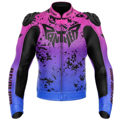 Panther Pink  Blue Leather Motorcycle Racing Jacket Removable Protection