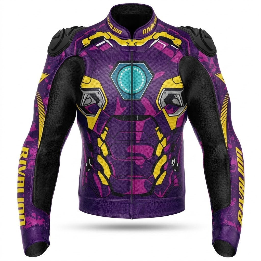Iron Man Purple Motorcycle Racing Leather Jacket Custom Design Removable Protection