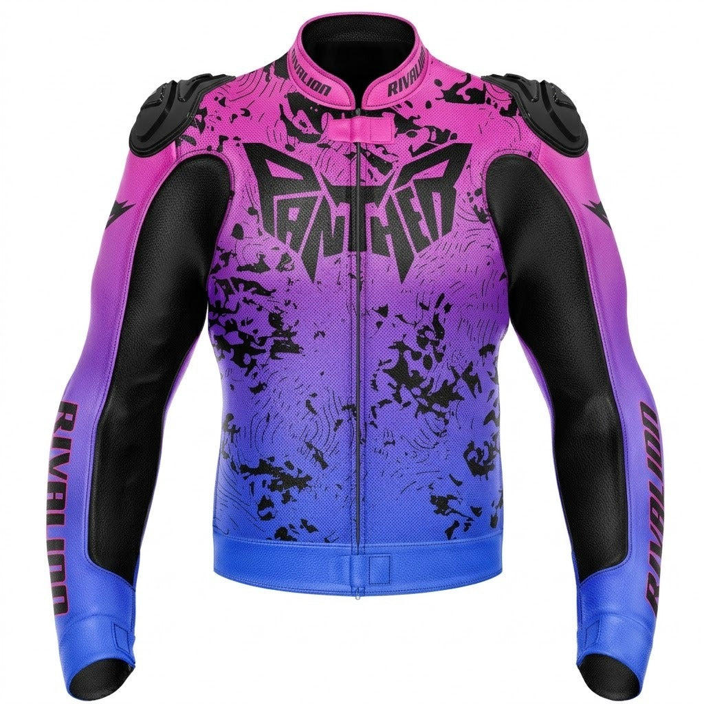 Pink and Blue Motorcycle Racing Leather Jacket Custom Design Removable Protection