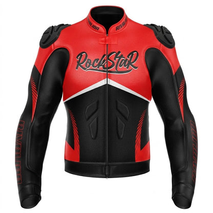 Honda Red Rockstar Leather Motorcycle Racing Jacket Removable Protection