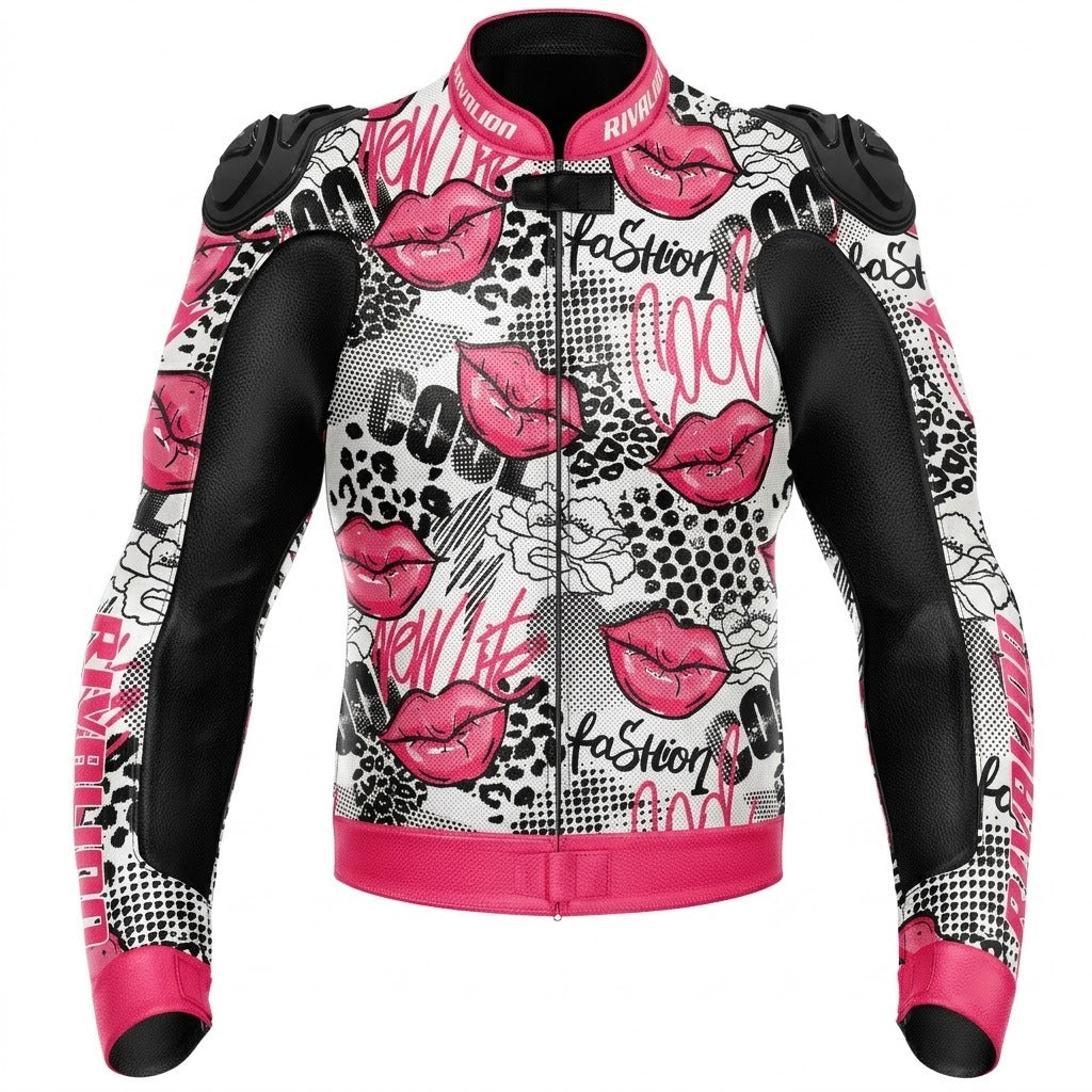Pink Lips Women Leather Motorcycle Racing Jacket Removable Protection