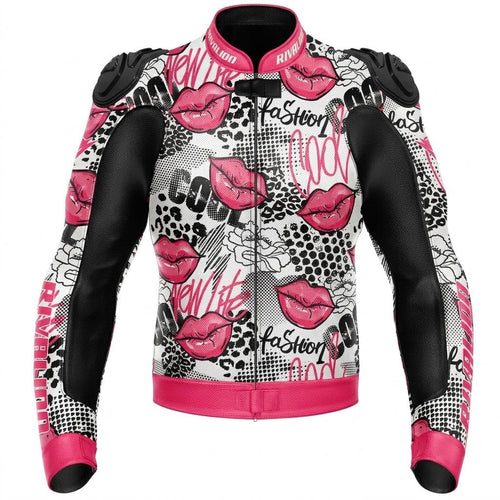 Pink Lips Women Leather Motorcycle Racing Jacket Removable Protection