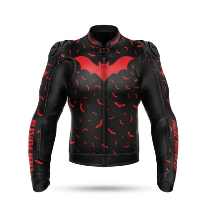 Flying BAT Motorcycle Black and Red Leather Racing Jacket Custom Design Removable Protection
