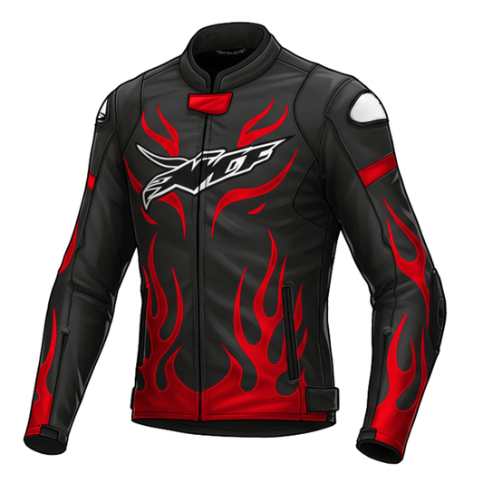 Mens Black  Red Flame Motorcycle Leather Jacket