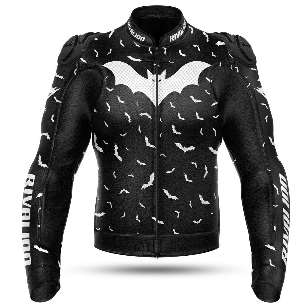Flying BAT Motorcycle Black and White Leather Racing Jacket Custom Design Removable Protection