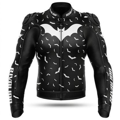 Flying BAT Motorcycle Black and White Leather Racing Jacket Custom Design Removable Protection