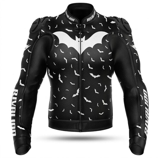 Flying BAT Motorcycle Black and White Leather Racing Jacket Custom Design Removable Protection