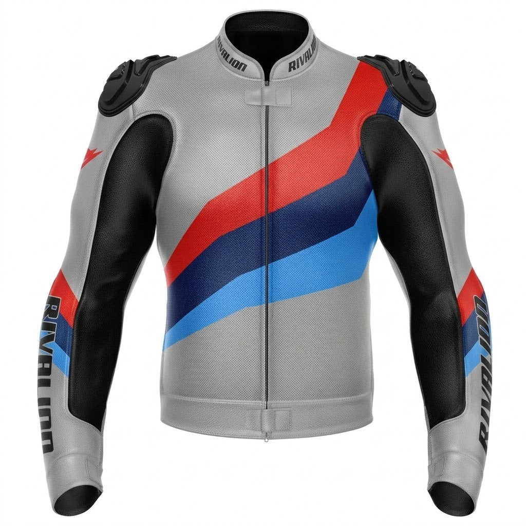 BMW Gray Motorcycle Racing Leather Jacket, Custom Design Removable Protection