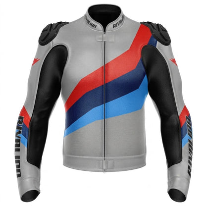 BMW Gray Motorcycle Racing Leather Jacket, Custom Design Removable Protection