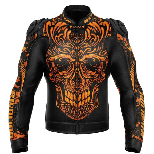 Skull Golden Motorcycle Racing Leather Jacket Custom Design Removable Protection
