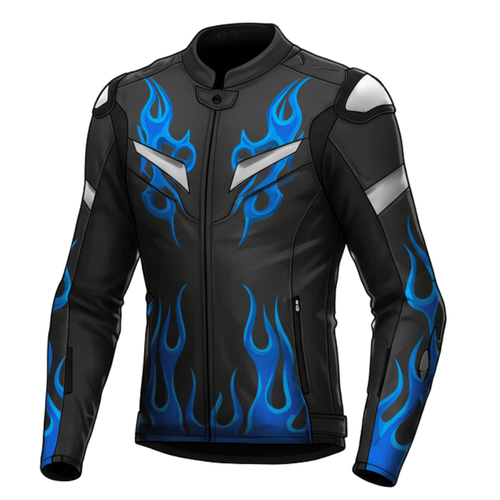 MEN MOTORCYLE JACKET  Black Motorcycle Jacket with Blue Flames