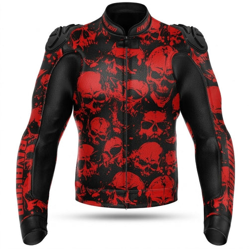 Skull Red Motorcycle Racing Jacket Cowhide and Kangaroo Leather with Removable Protection