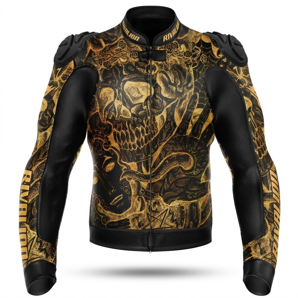 Skull Shine Gold Motorcycle Leather Racing Jacket Removable Protection