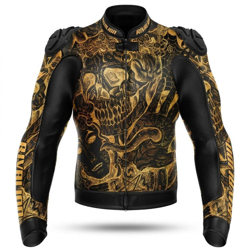 Skull Shine Gold Motorcycle Leather Racing Jacket Removable Protection