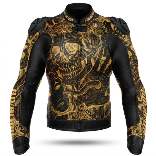 Skull Shine Gold Motorcycle Leather Racing Jacket Removable Protection
