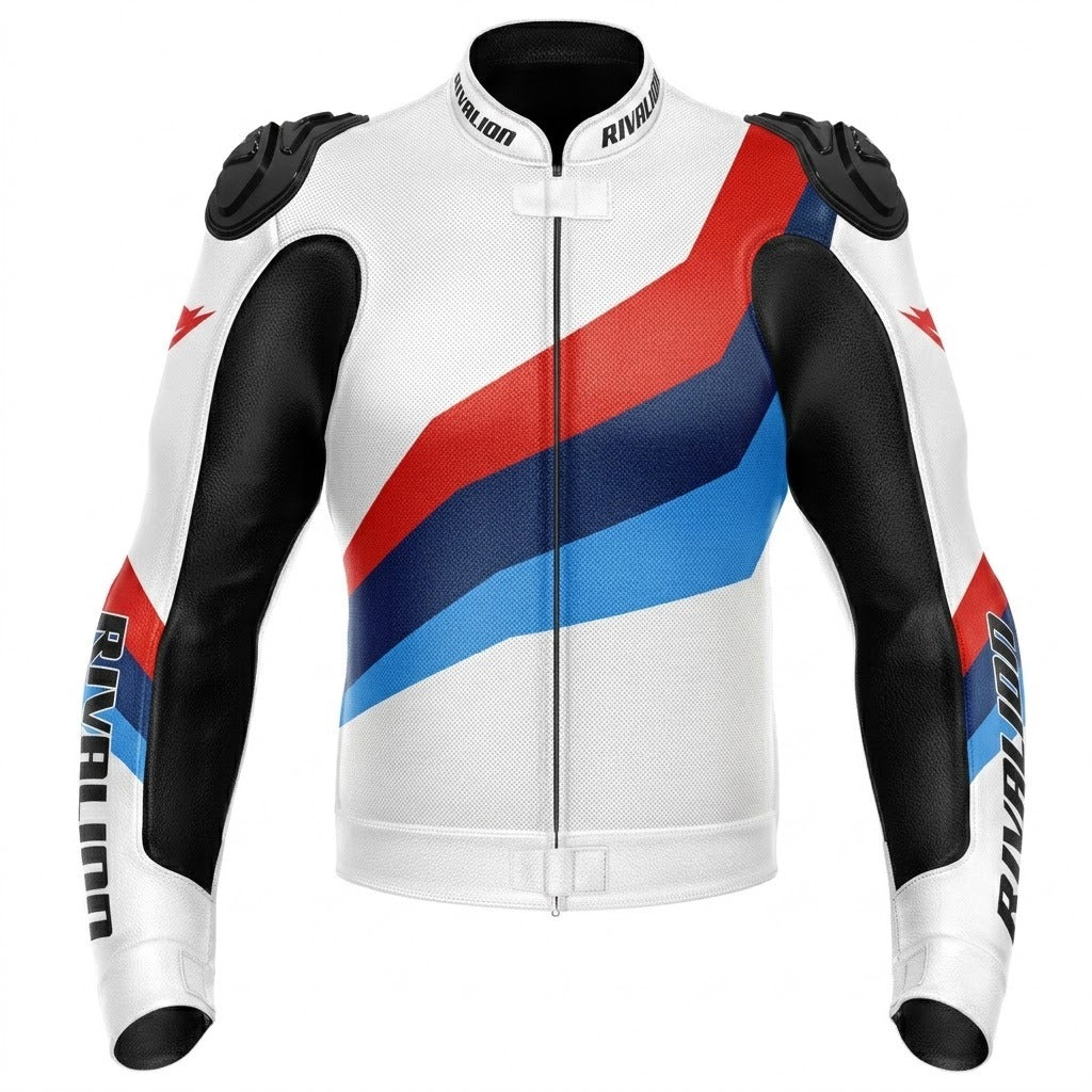 White Black Motorcycle Racing Leather Jacket Custom Design Removable Protection