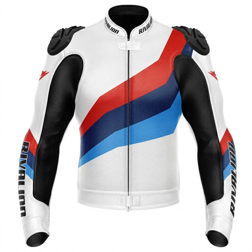 White Black Motorcycle Racing Leather Jacket Custom Design Removable Protection