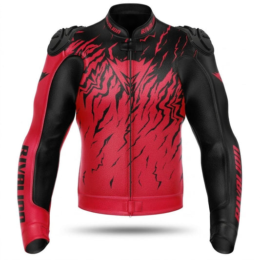 Red Leather Motorcycle Racing Jacket Cowhide with Removable Protectors