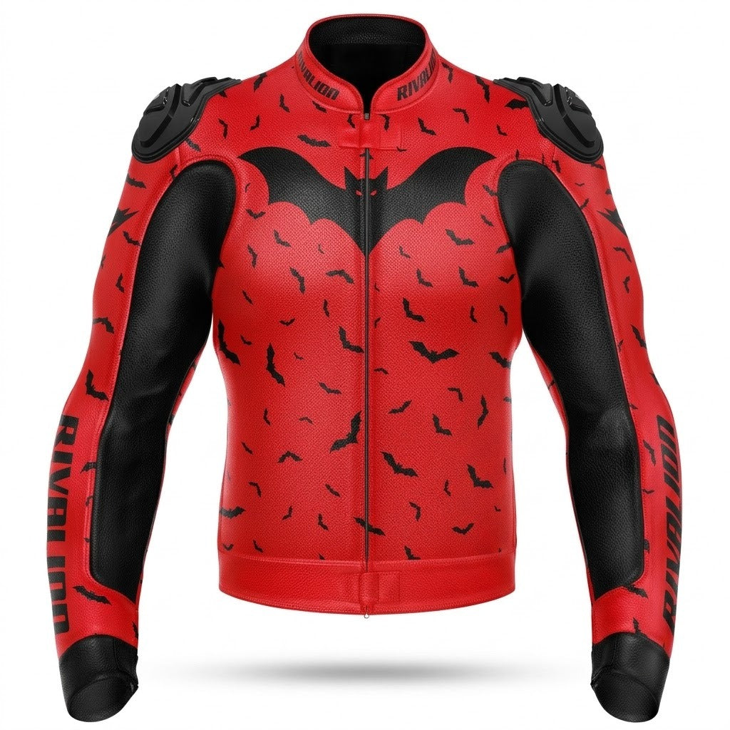 Flying BAT Motorcycle Red Leather Racing Jacket Custom Design Removable Protection