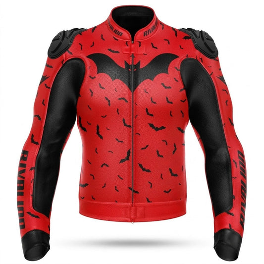 Flying BAT Motorcycle Red Leather Racing Jacket Custom Design Removable Protection