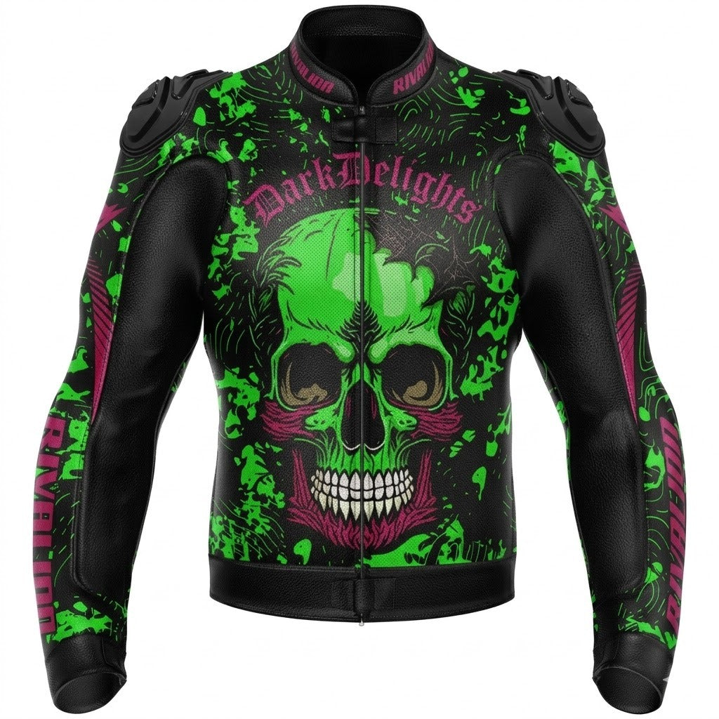 Dark Delights Skull Green Motorcycle Racing Leather Jacket Removable Protection