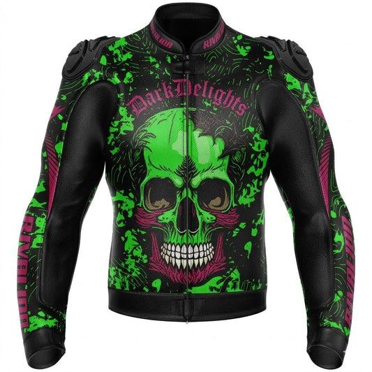 Dark Delights Skull Green Motorcycle Racing Leather Jacket Removable Protection