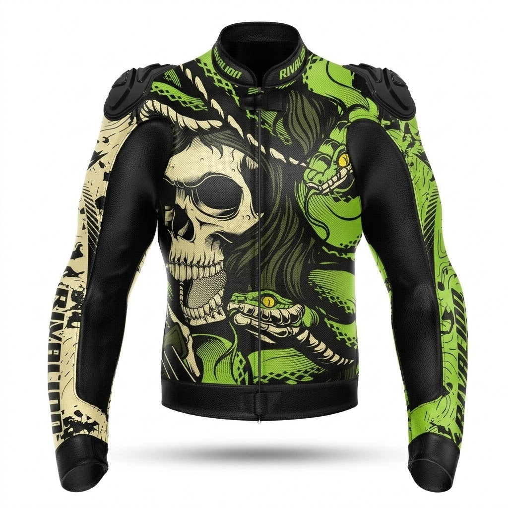 Snake Skull Motorcycle Racing Leather Jacket Custom Design Removable Protection