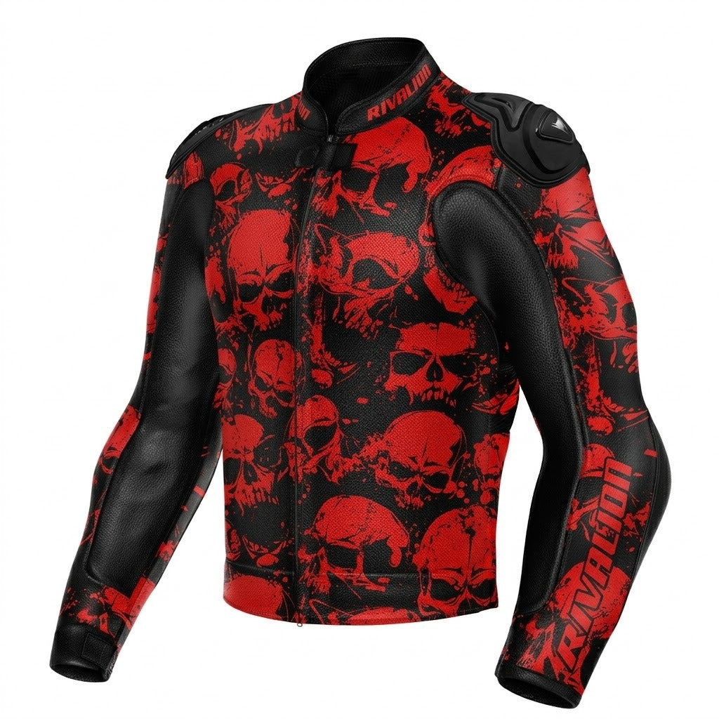 Skull Red Motorcycle Racing Jacket Cowhide and Kangaroo Leather with Removable Protection