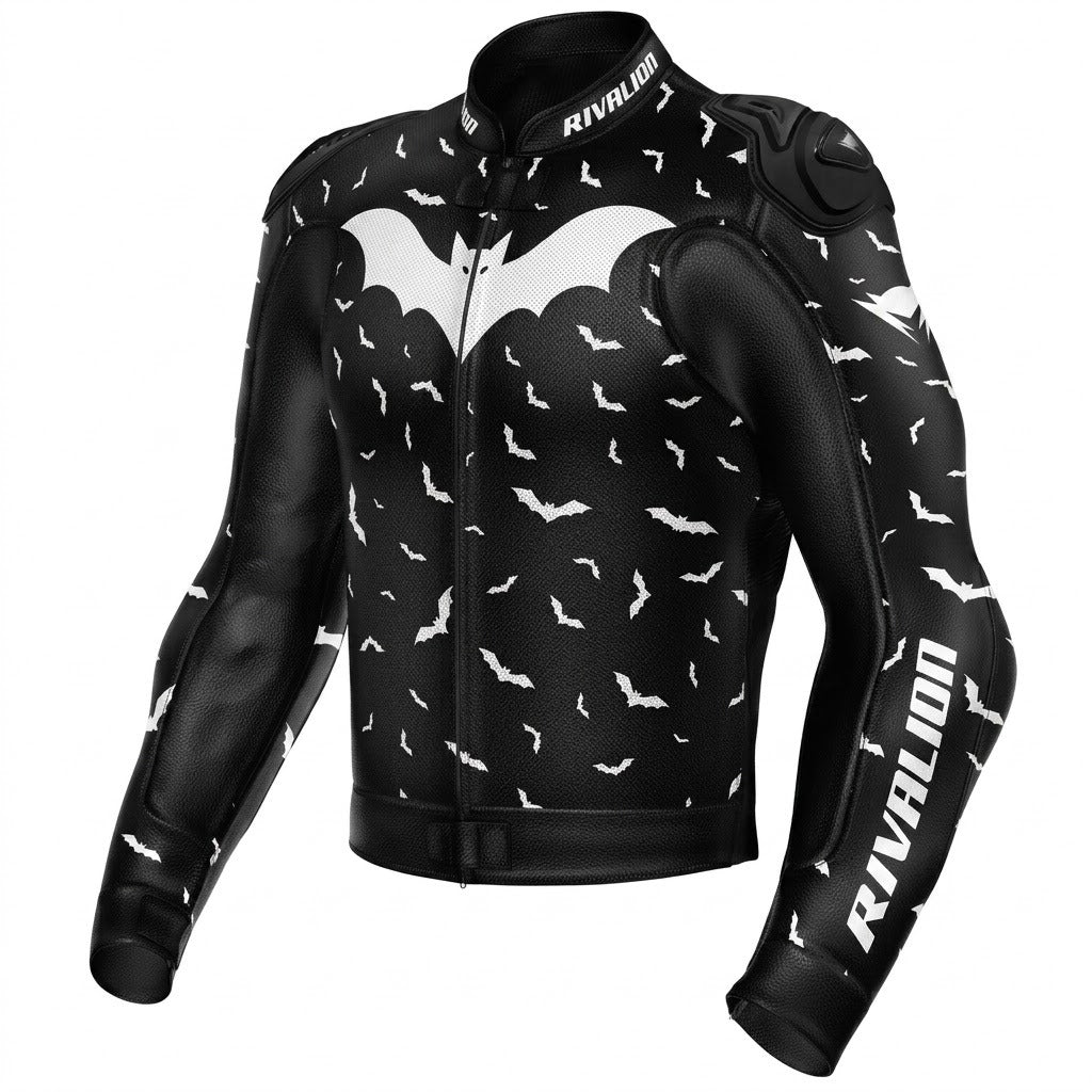 Flying BAT Motorcycle Black and White Leather Racing Jacket Custom Design Removable Protection