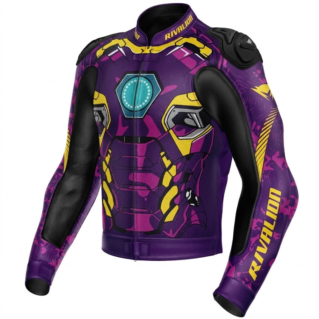 Iron Man Purple Motorcycle Racing Leather Jacket Custom Design Removable Protection