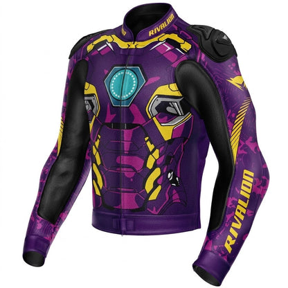 Iron Man Purple Motorcycle Racing Leather Jacket Custom Design Removable Protection