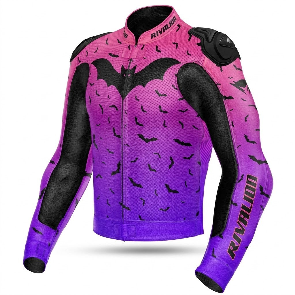 Flying BAT Motorcycle Pink and Purple Leather Racing Jacket Custom DesignRemovable Protection