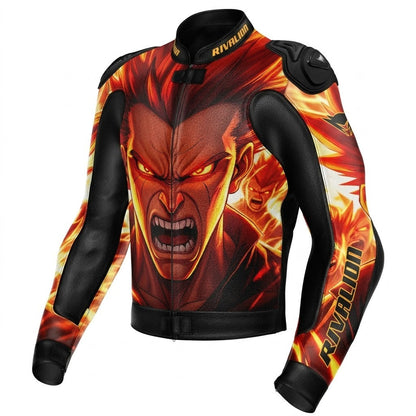 The Warrior Fire Burning Motorcycle Racing Jacket Cowhide and Kangaroo Leather with Removable Protection