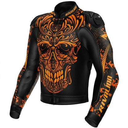 Skull Golden Motorcycle Racing Leather Jacket Custom Design Removable Protection