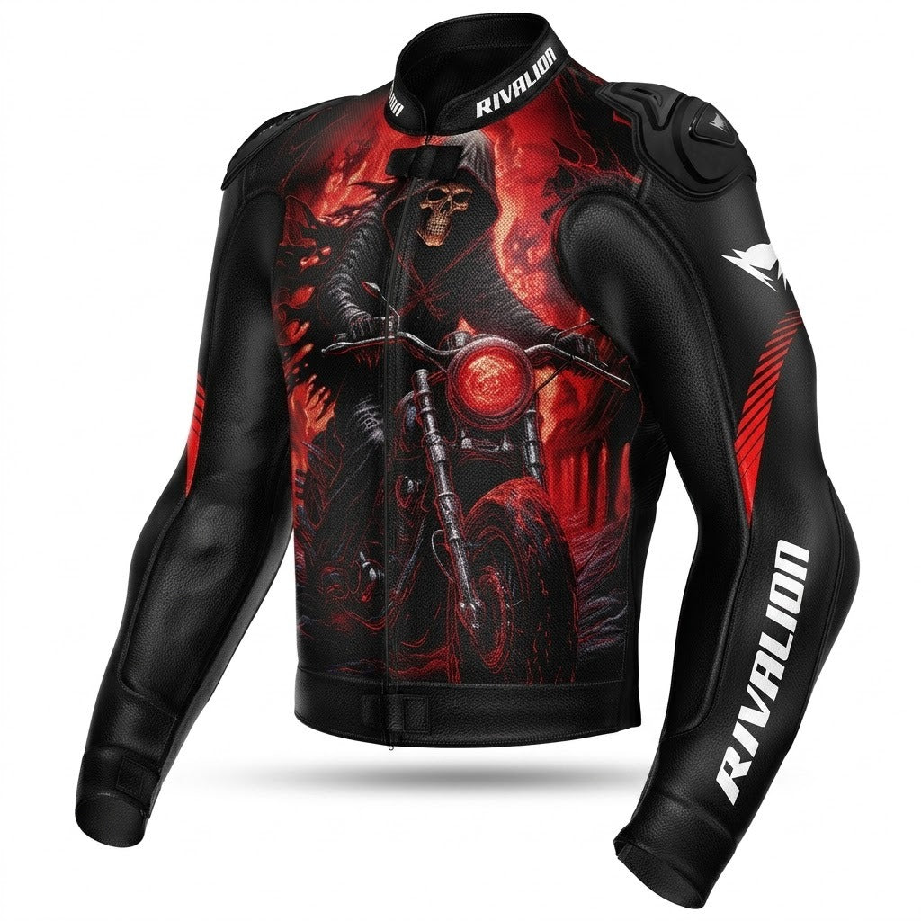Red  Black Leather Motorcycle Racing Jacket Removable Protection