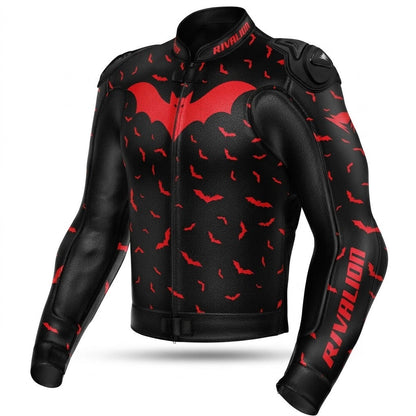 Flying BAT Motorcycle Black and Red Leather Racing Jacket Custom Design Removable Protection