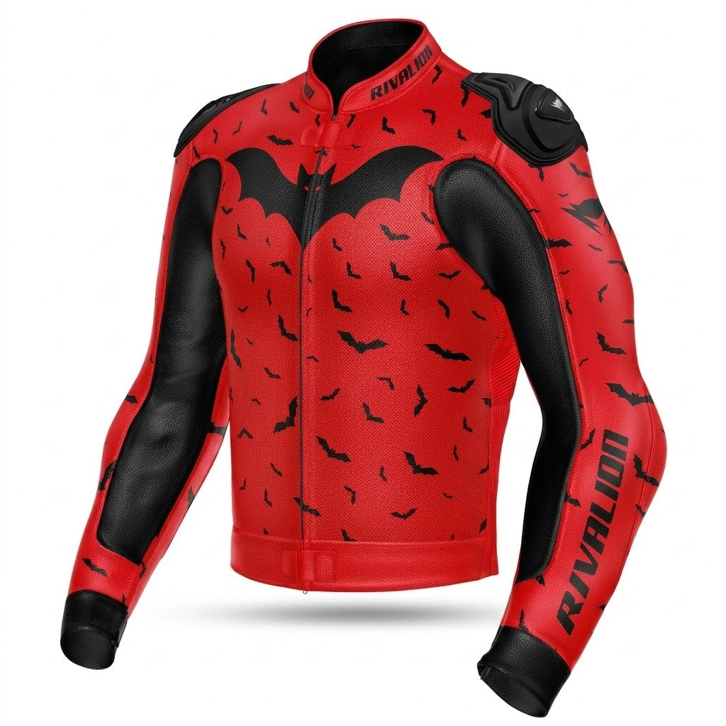Flying BAT Motorcycle Red Leather Racing Jacket Custom Design Removable Protection